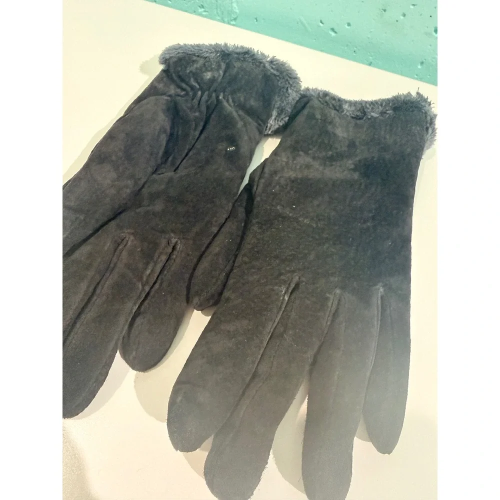 Womens Black Genuine Suede Leather Gloves Faux Fur Trim Winter Large 883J3